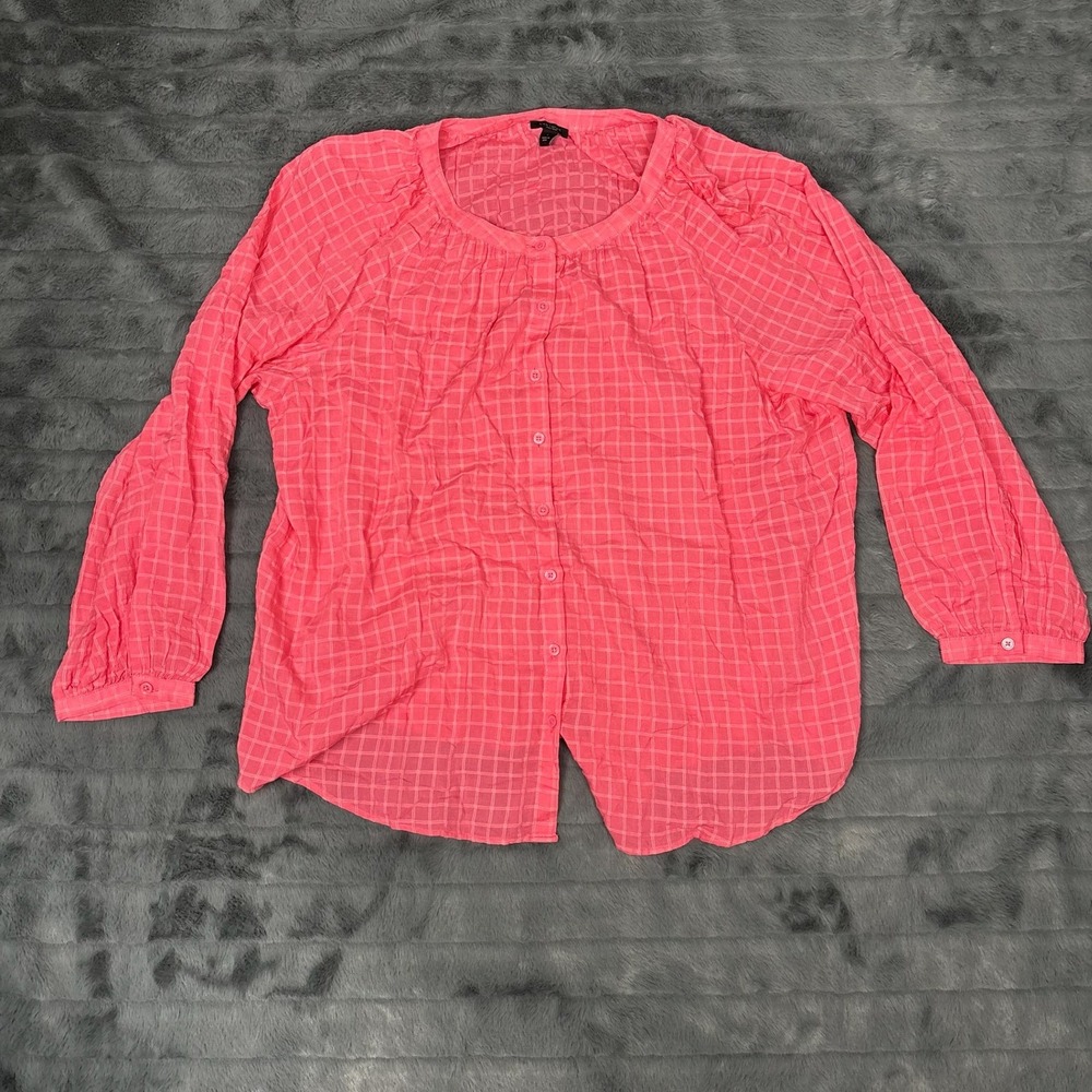 Ann Taylor Factory Pink Coral Windowpane Check Button Front Blouse Large Womens